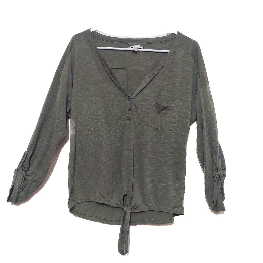 American Eagle Olive Green Tie Front Blouse Boho Casual Lightweight Top Medium